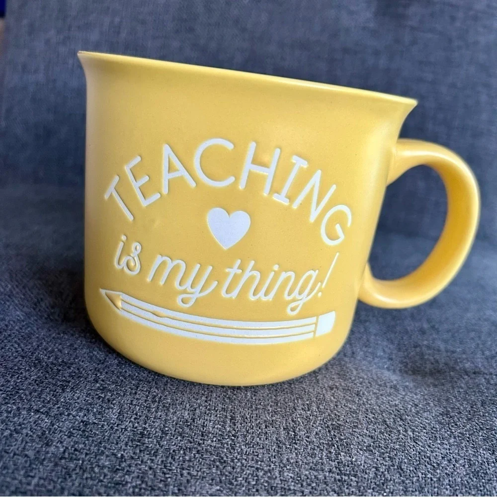 “Teaching is my Thing” Colorful Pencil Lined Coffee Mug, Yellow, White, 20 oz